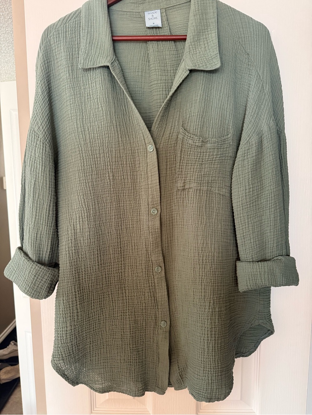 Shade & Shore Olive Sage Button-Front Cotton Gauze Shirt